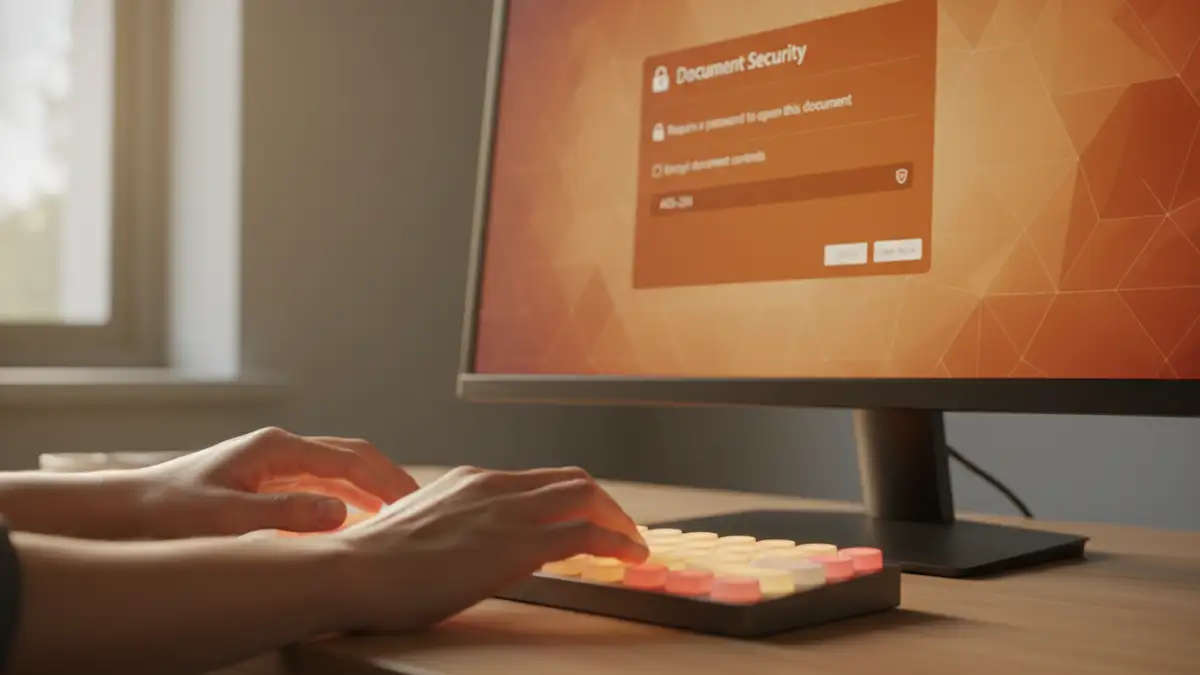 startup pdf encryption - A close-up of a user setting a strong password on a confidential business plan PDF.