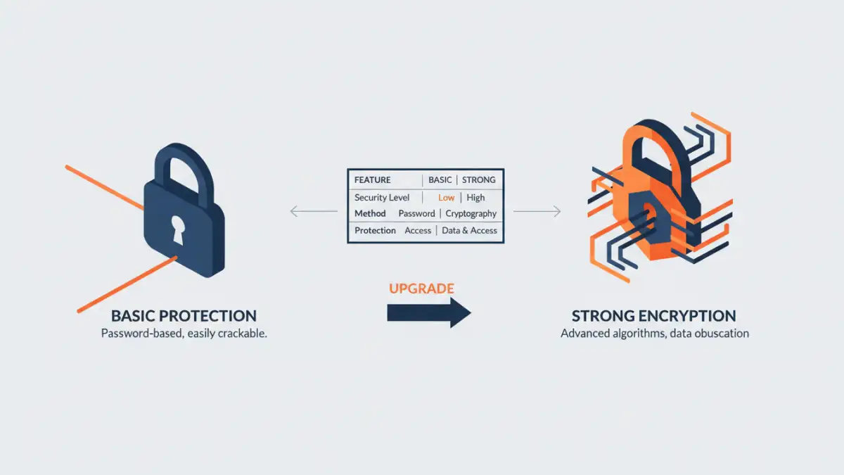 Infographic comparing basic PDF password protection and strong PDF encryption