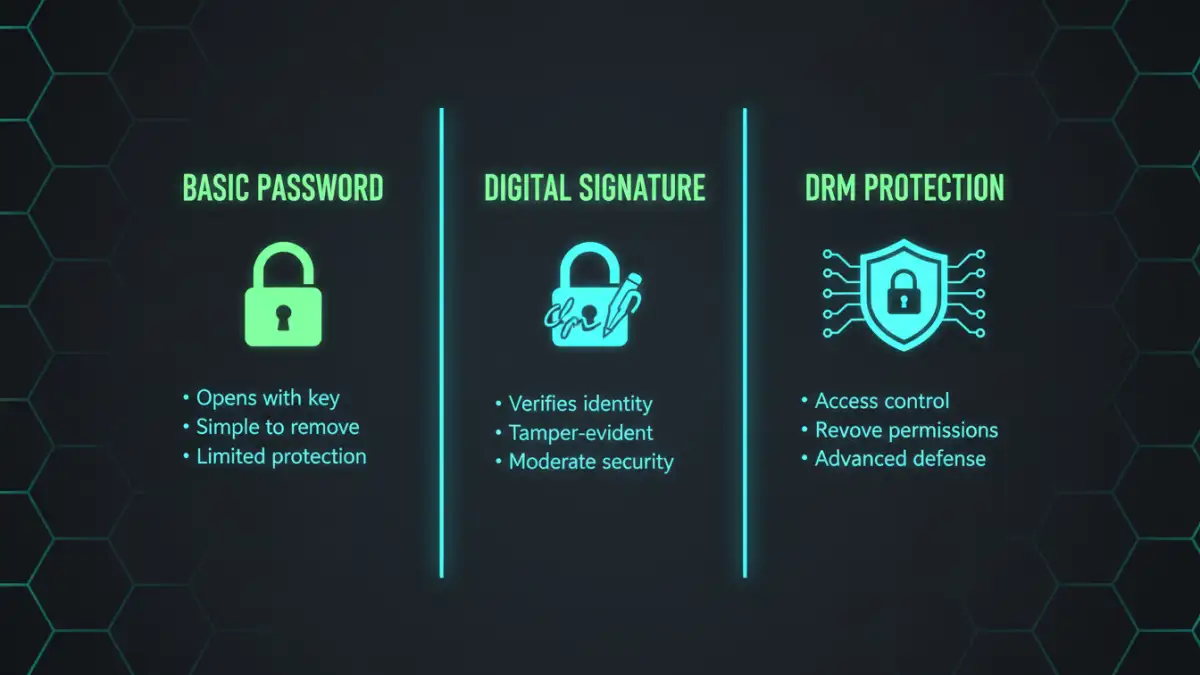 strongest pdf encryption - Infographic comparing Basic Password, Digital Signature, and DRM for PDF security.