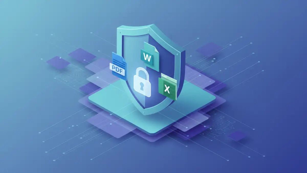 Abstract visual of various document types protected by a unified security shield and digital padlock, representing unified document password policies.