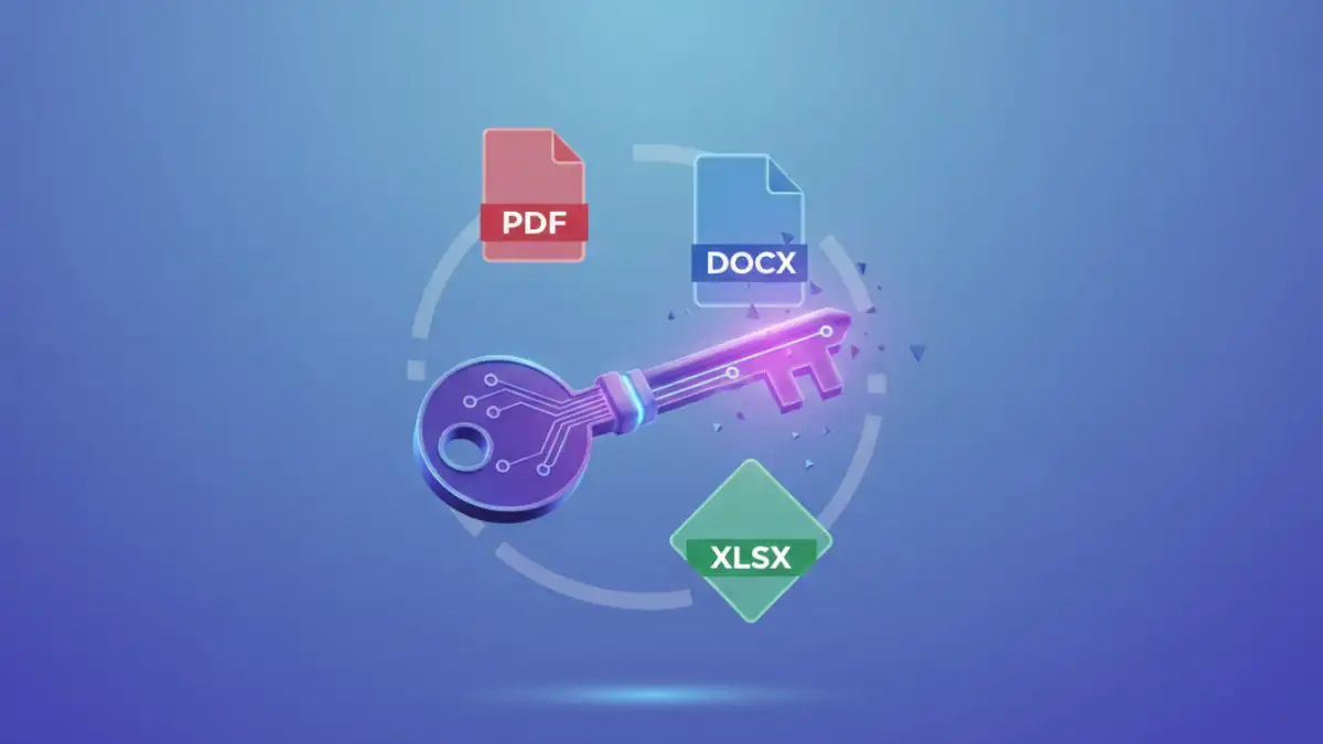 A master key unlocking various types of password-protected documents, symbolizing a universal document password tool.