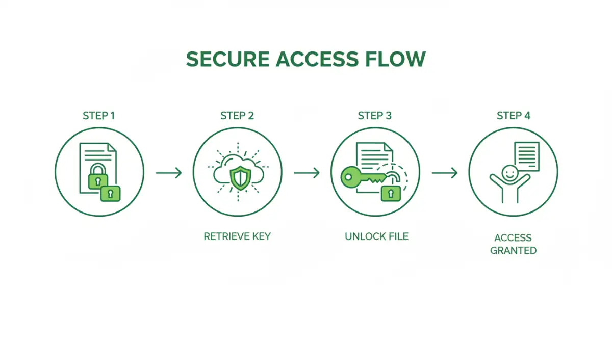 universal file password solution - Infographic showing the workflow of accessing a protected file using a centralized password system.