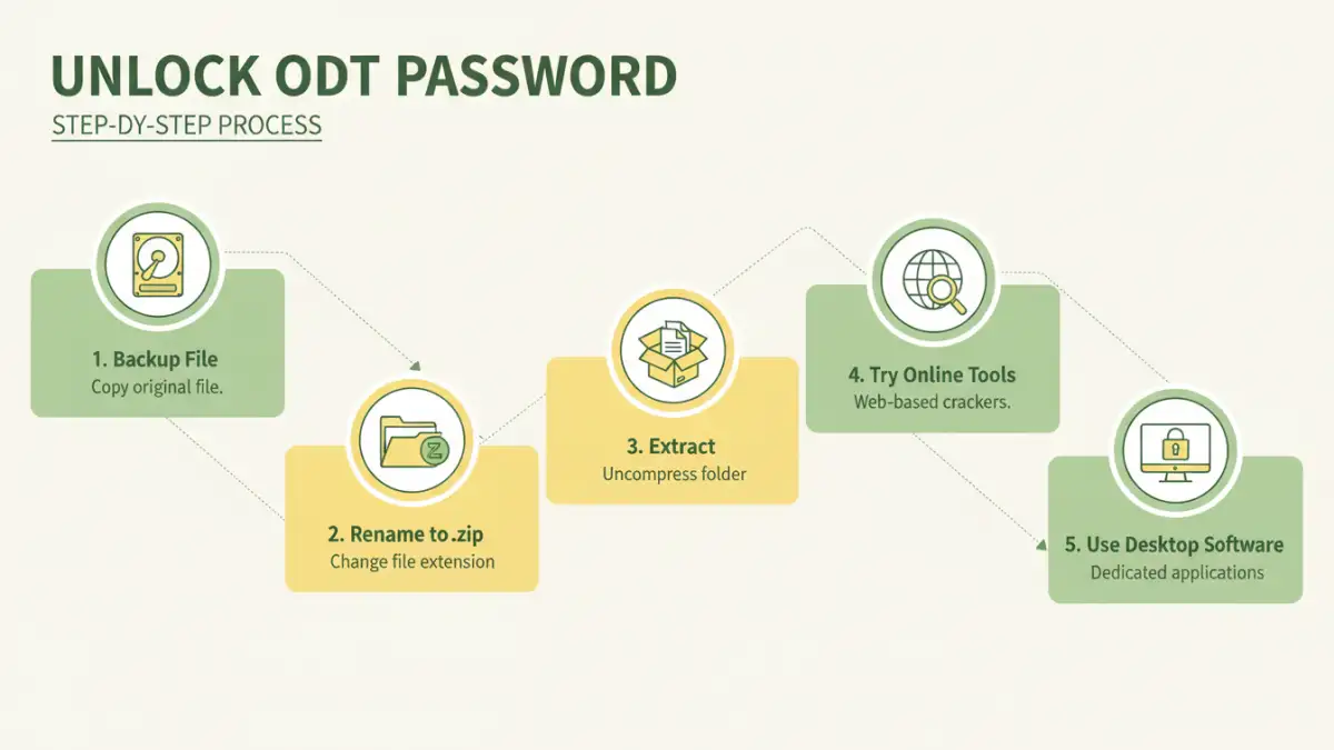 Infographic showing steps and methods to unlock ODT document password