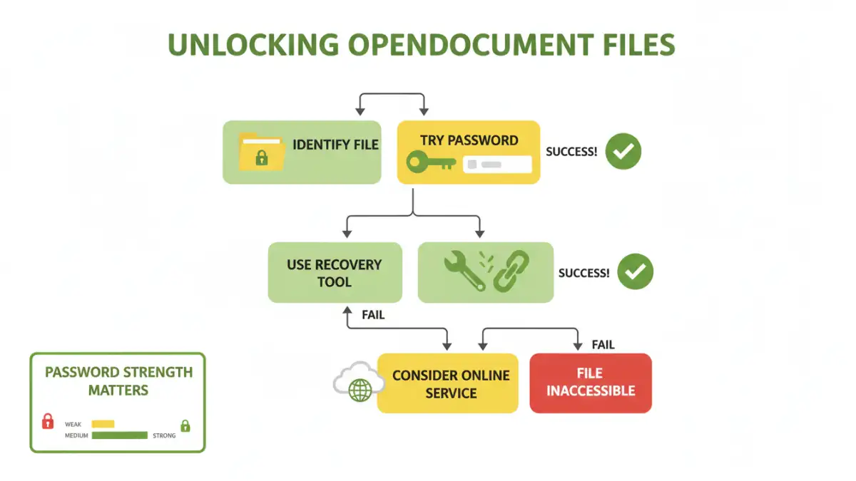 unlock password protected OpenDocument Infographic showing steps to unlock password protected OpenDocument