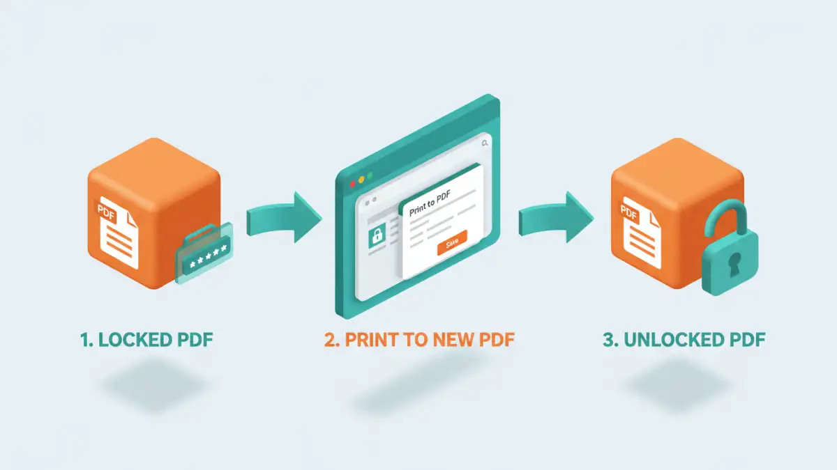 unlock password protected pdf - Infographic showing the three steps of the 'Print to PDF' method for unlocking a PDF.