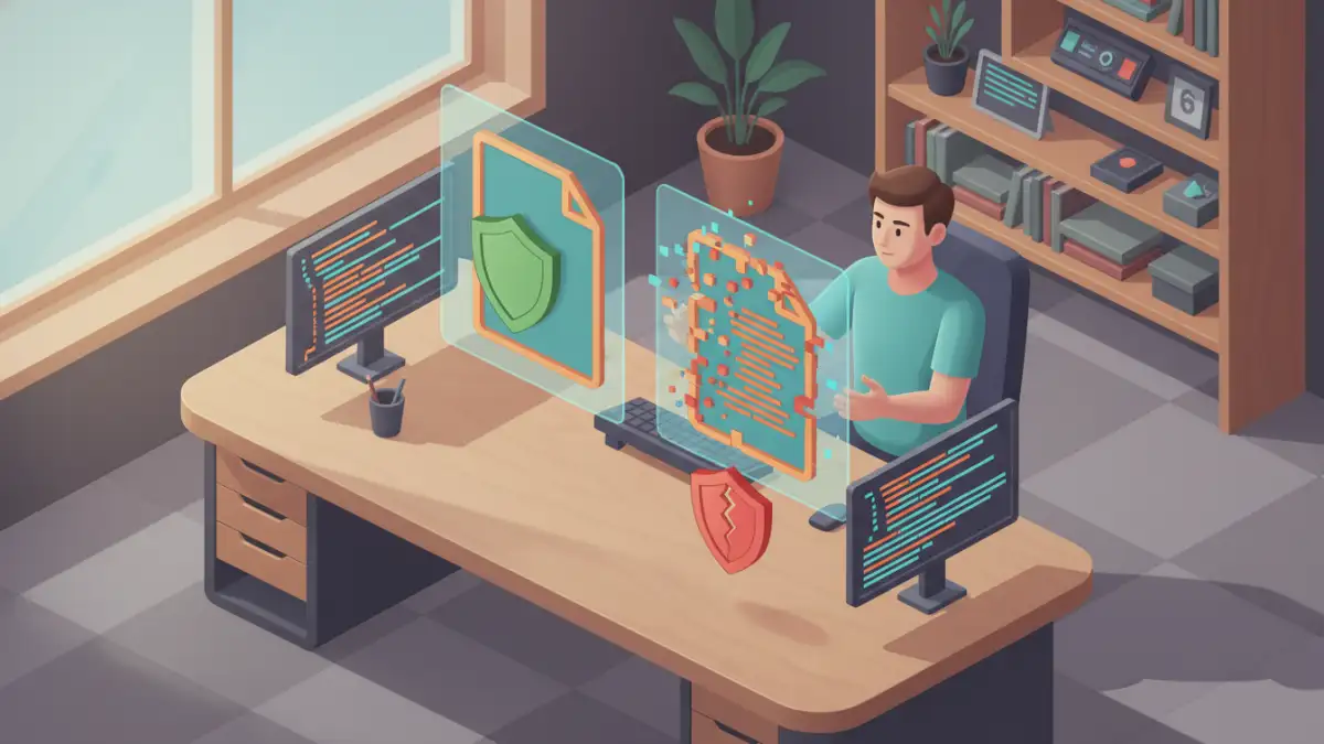 vba file password security - Illustration comparing a secure, stable file with one that has been corrupted by unsafe password removal methods.