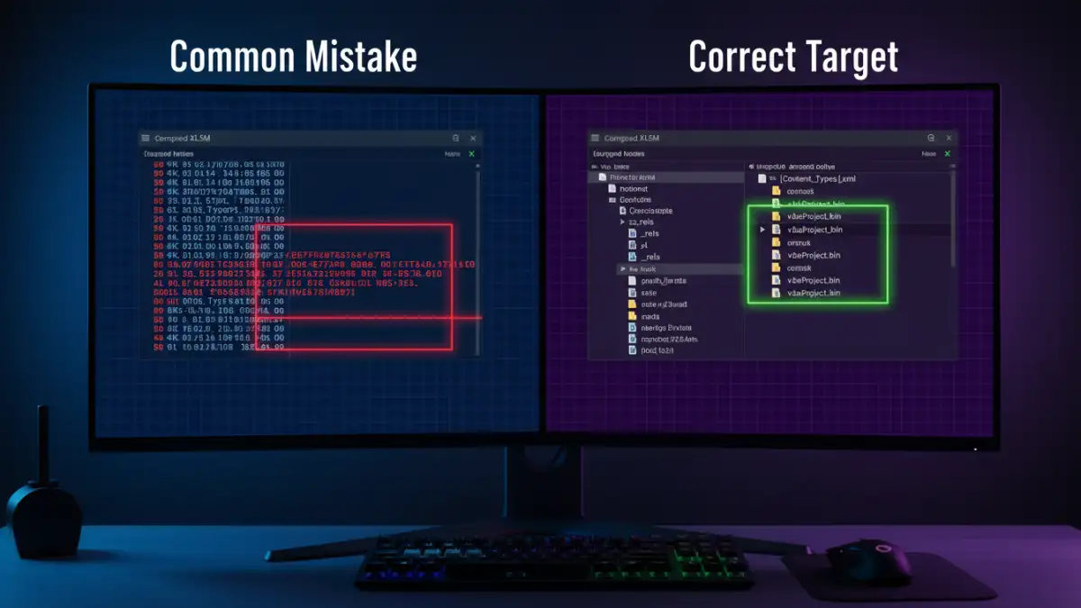 vba password removal failed - A comparison showing the wrong vs. right way to edit a VBA project file for password removal.