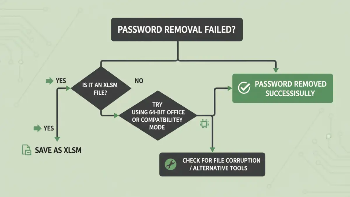 vba password removal failed - A flowchart showing how to troubleshoot VBA password unlock errors.