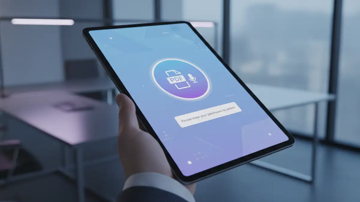 voice recognition document security voice recognition document security - A user interface on a tablet showing a prompt for voice authentication to open a secure file.