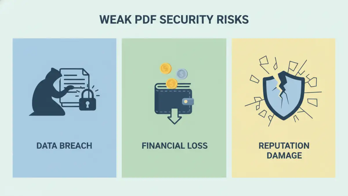 weak pdf password Infographic detailing the risks and consequences of weak PDF password security.