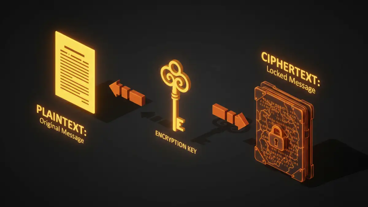 what is document encryption - An infographic explaining how encryption works, showing plaintext, a key, and ciphertext.