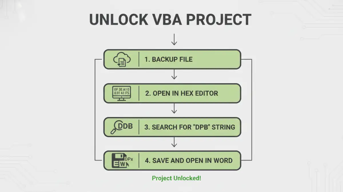 word document vba password - Infographic showing the 5 steps to remove a VBA password from a Word file.