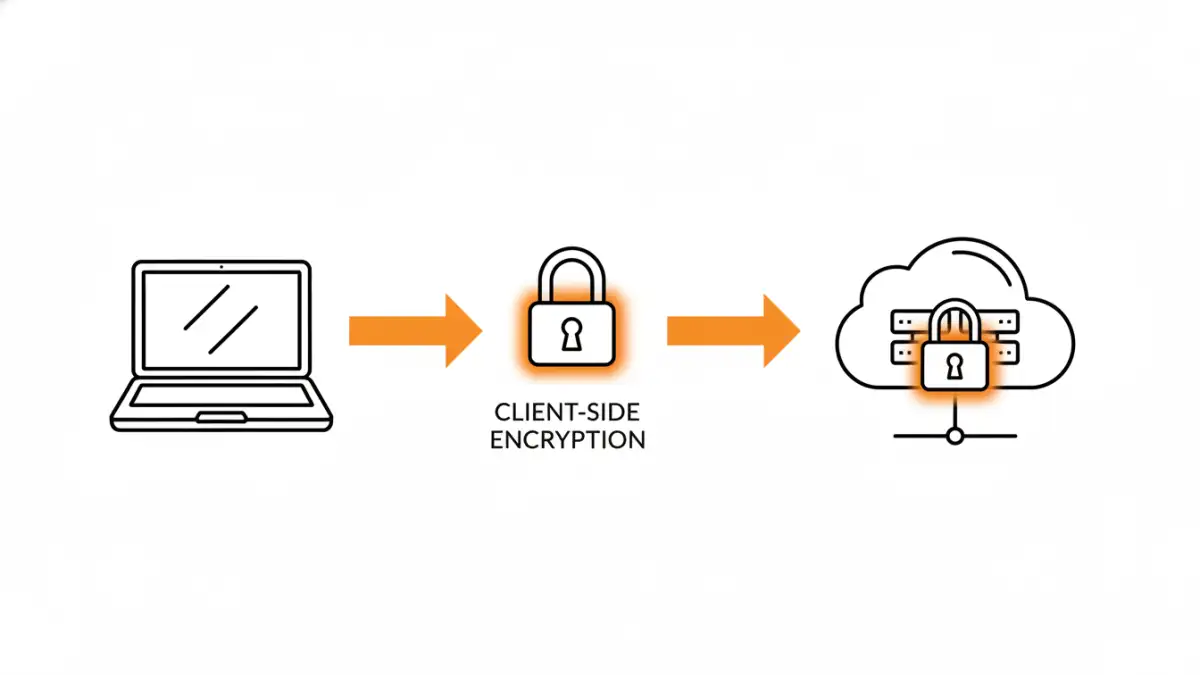 zero knowledge file encryption - Infographic flowchart showing how zero-knowledge file encryption works, from local encryption to cloud storage.