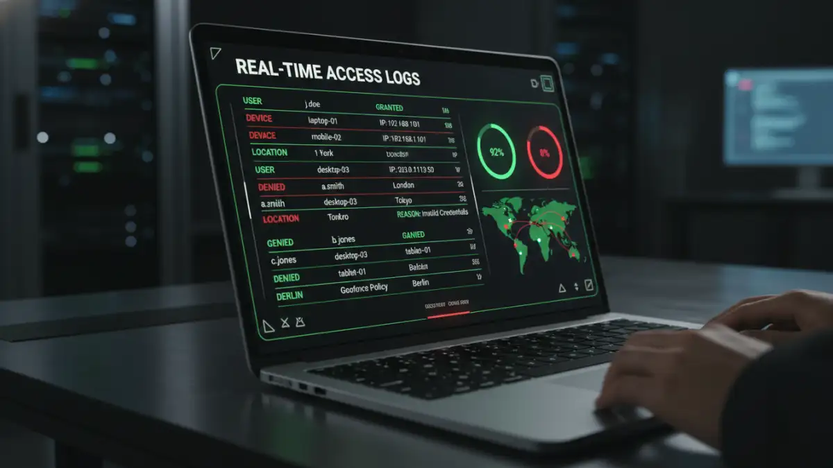 zero trust document security - A security dashboard showing real-time monitoring of document access as part of a Zero Trust strategy.