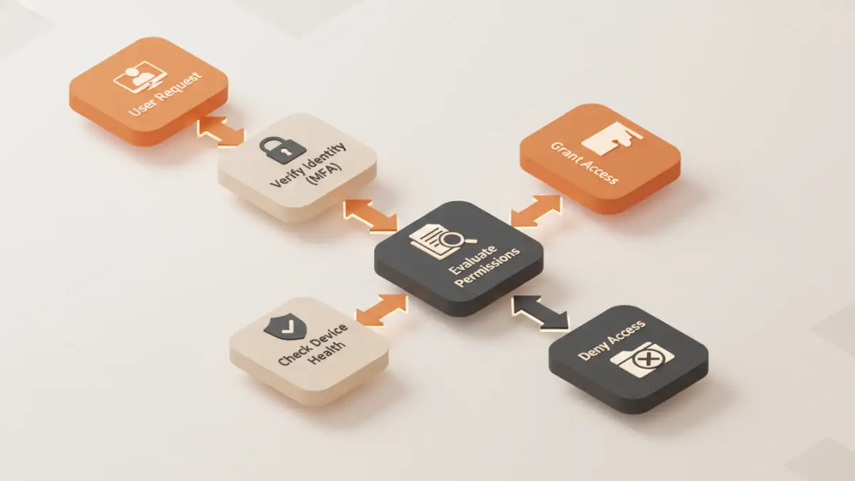zero trust document security - Infographic flowchart detailing the steps for verifying file access under a Zero Trust framework.