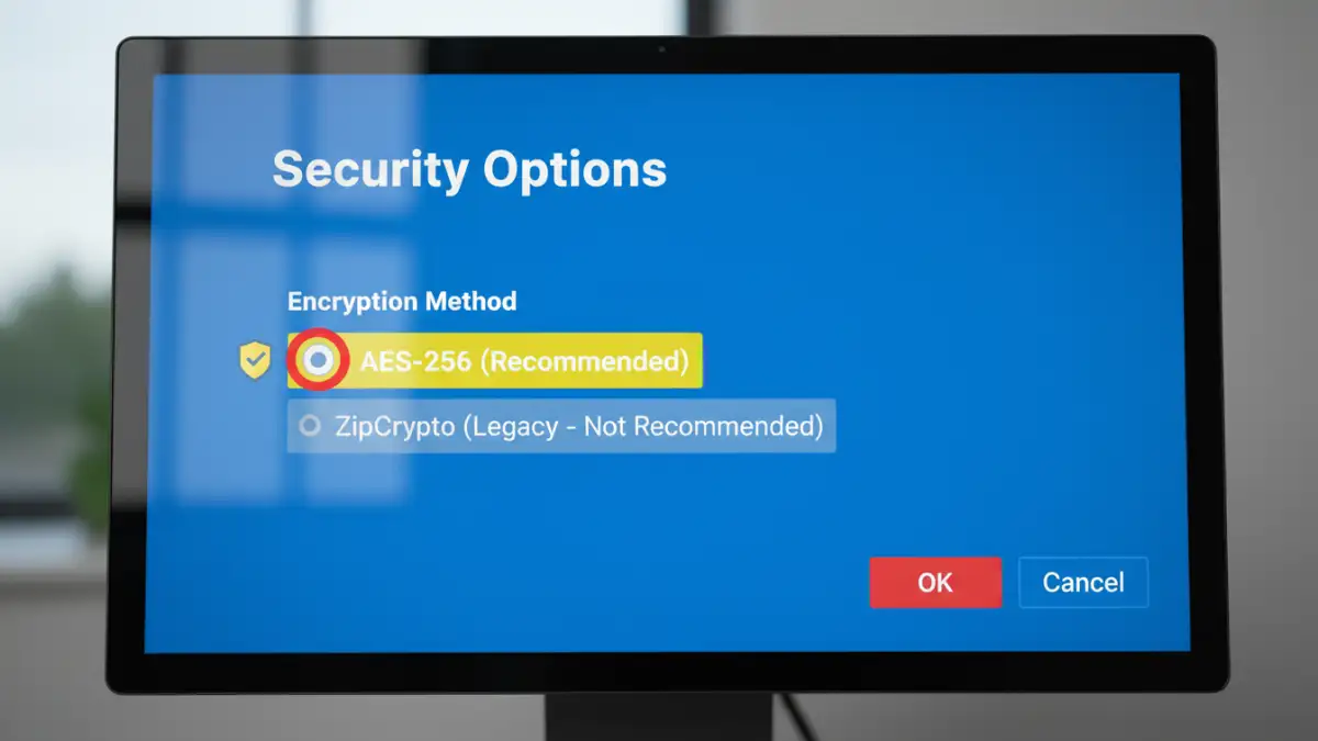 zip encryption security risks - A software interface showing the selection of AES-256 for secure file encryption